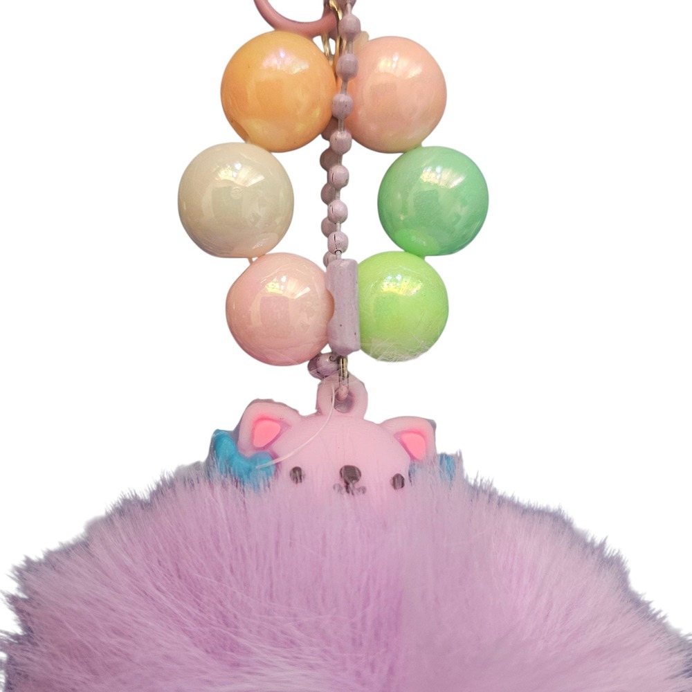Fluffy Pom‎ Pom Keychain Cute Pink Cat Charm Pastel Beads Car Accessories